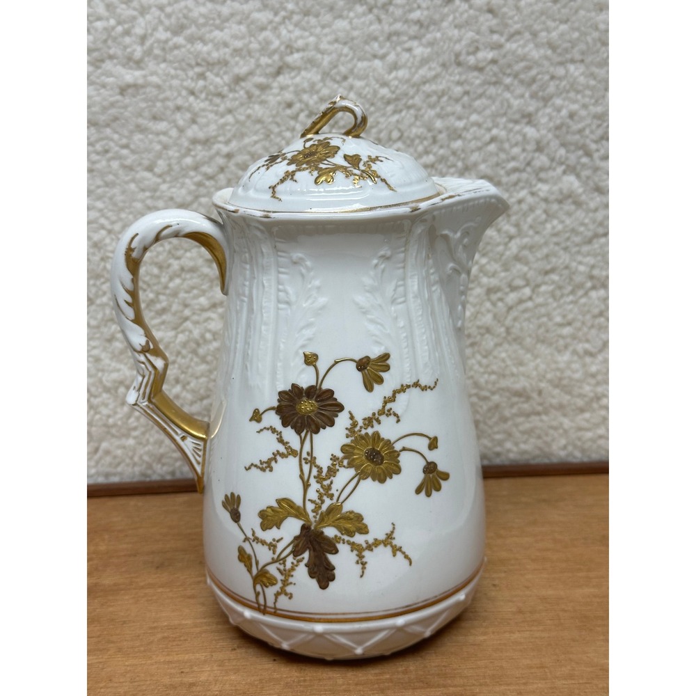 Vintage KT&K China Tall Coffee Pot / Chocolate Pot White Gold Floral Embossed - Picture 3 of 14